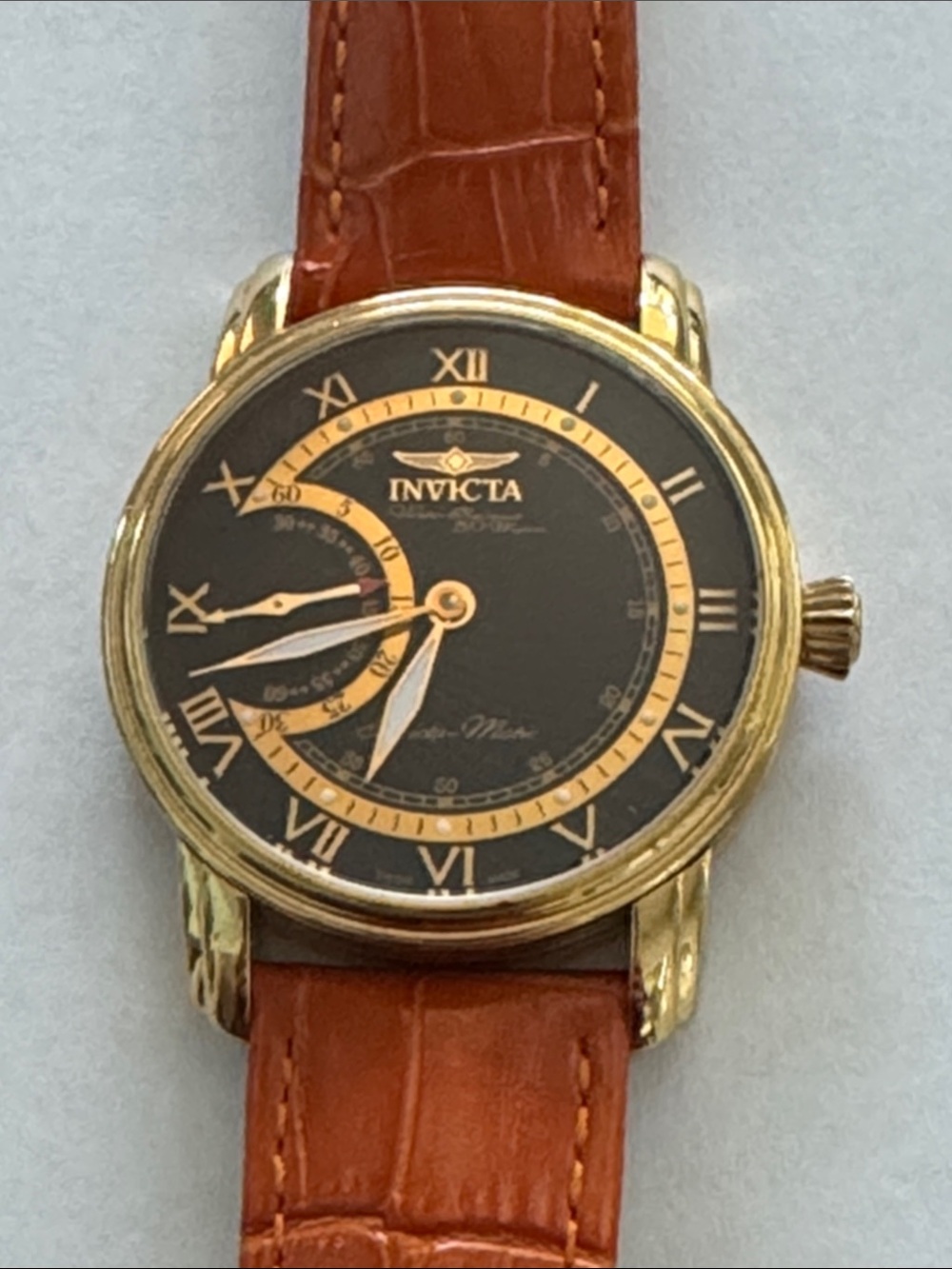 Invicta Vintage Rare Mechanical Watch Swiss Made Blue Dial Orange Leather Band